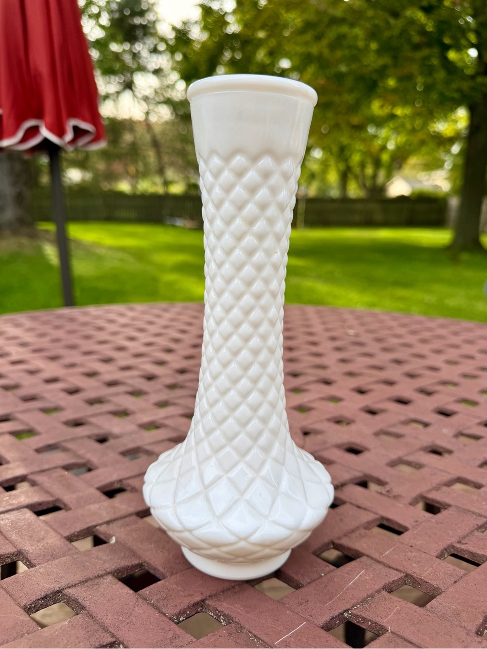 Vintage White Milk Glass Diamond Lattice Bud Vase 9” Tall
